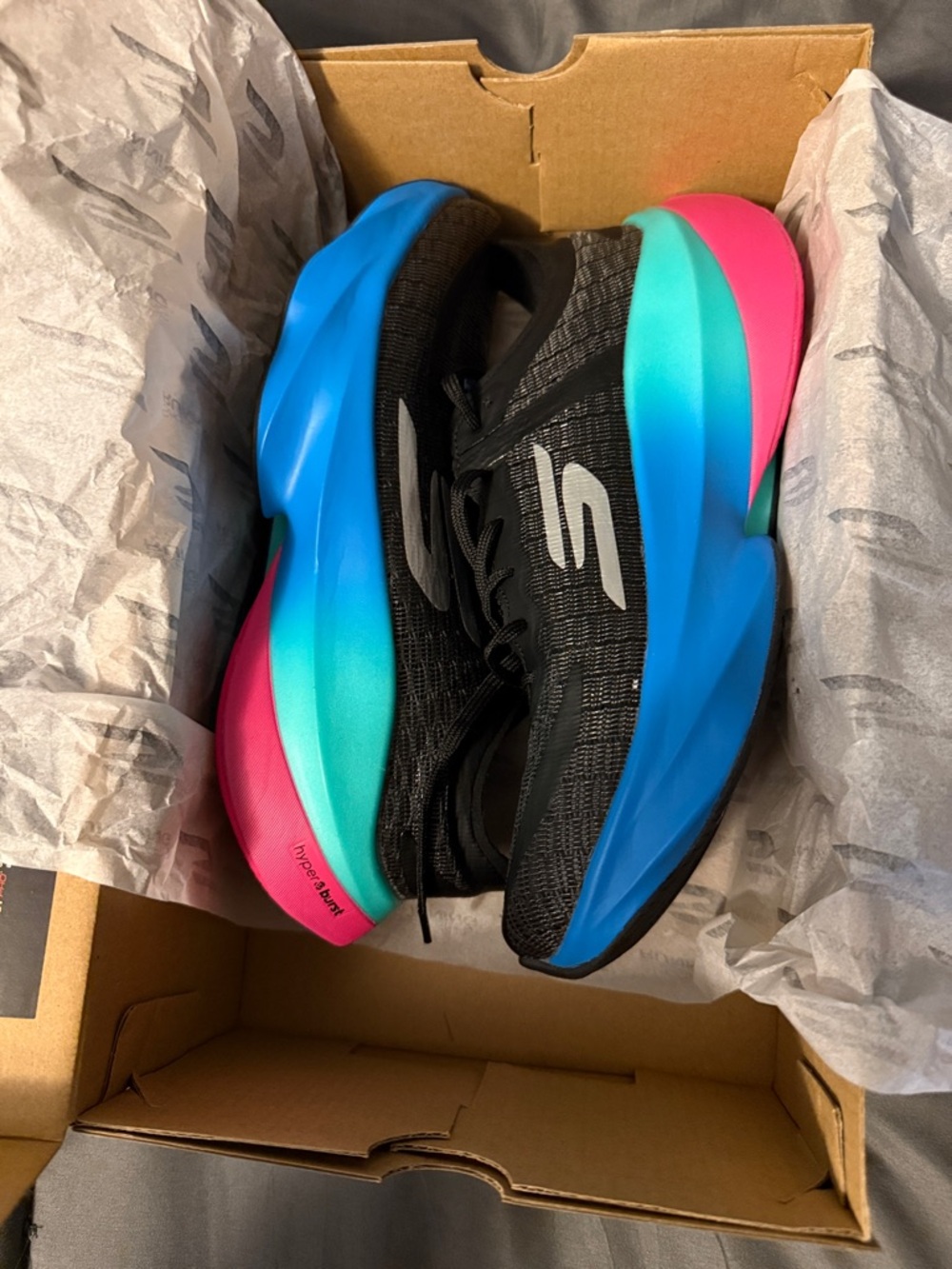 Skechers Women's Black Sneakers with Blue Teal and Pink Gradient Midsole
